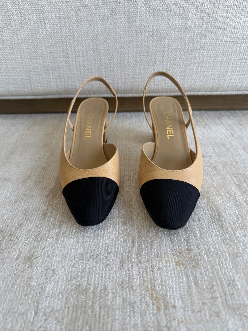CHANEL Beige and Black Slingback Pumps
